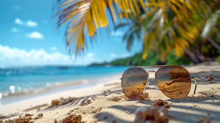 Beachside Relaxation Sunglasses Resting on the Sand in the Shade of a Palm Branch