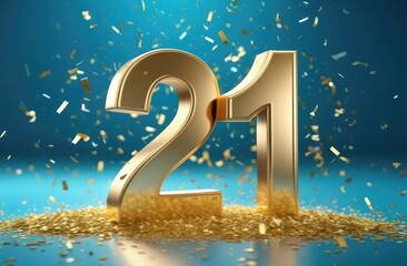 golden 3d number twenty one on blue background with confetti falling. birthday celebration.