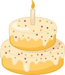 birthday cake with candle isolated on white background. cartoon sticker funny style illustration of baby bday cake. orange cream party cake