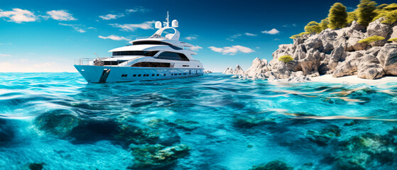 Luxury yacht or ship, motor boat on the sea. Yachting. view of seascape. Panoramic background. Generative ai