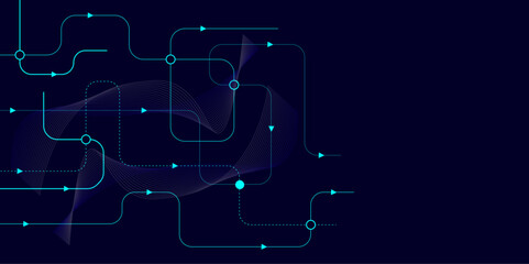 Naklejka premium Vector illustration fantastic digital technology. Technology lines circuit and dots on blue background, circuit board network connection.