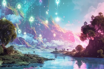 A surreal landscape portraying a fusion of the natural and digital worlds, symbolizing the potential of telemedicine. Holographic medical symbols float above a serene, otherworldly terrain