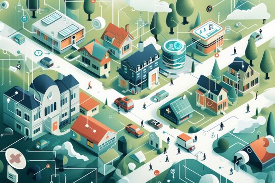 A digital illustration showcasing innovative solutions for rural healthcare, including telemedicine, mobile apps, and community networks. The environment features a digital interface connecting rural 