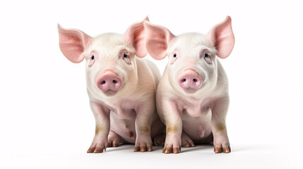 Two cute pigs isolated on white background. Studio shot. Side view.