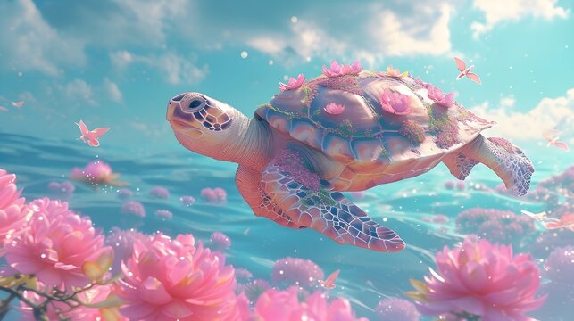 Sea turtle carrying a colorful flowers on his back shell, beautiful underwater sea marine life cartoon, fantazy background, surreal dreamy illustration.