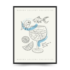 Underwater world, ocean, sea, fish and shells vertical flyer or poster template. Modern trendy Matisse minimal style. 