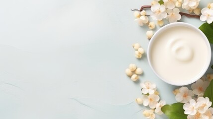 Fototapeta na wymiar Cup of milk cream, apple blossom, background, top view, copy space