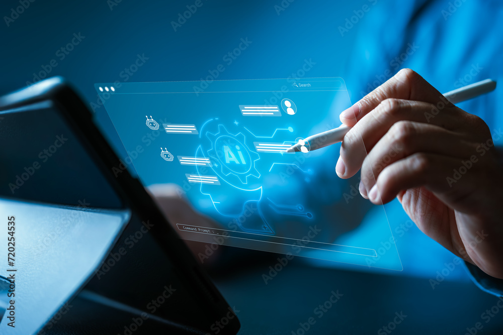 Poster chatbot, chat with ai, artificial intelligence. man using automatically respond online messages smar