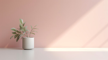 White Vase with a Plant on a White Table Against a Pink Wall, Minimal Style
