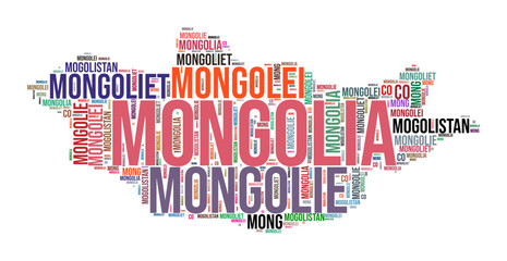 Fototapeta premium Mongolia country shape word cloud. Typography style country illustration. Mongolia image in text cloud style. Vector illustration.