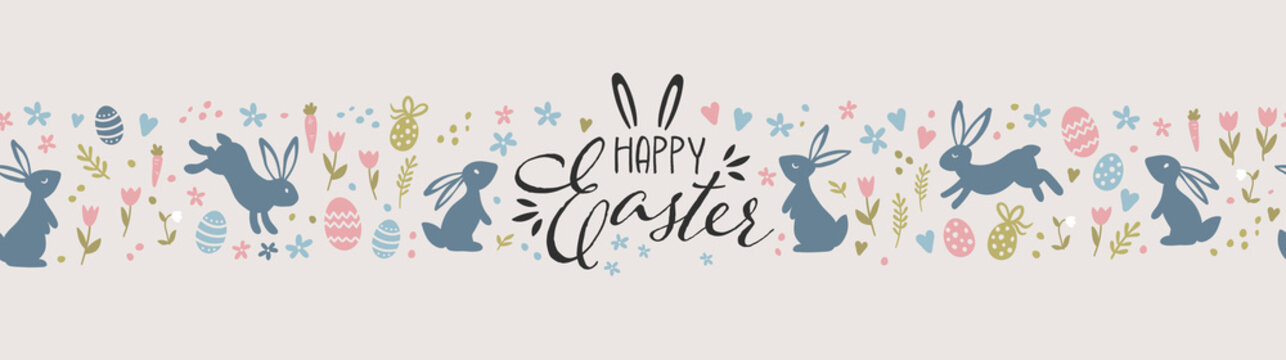 Cute hand drawn Easter seamless pattern with bunnies, flowers, easter eggs, beautiful background, great for Easter Cards, banner, textiles, wallpapers - vector design