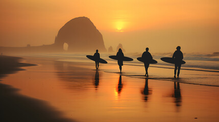 Silhouette Of surfer people carrying their surfboard on sunset beach - obrazy, fototapety, plakaty
