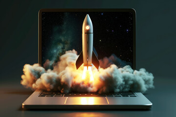 A rocket ship emerges from a laptop