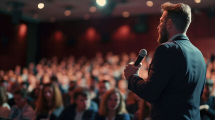 Confident male speaker presenting to an audience at a professional conference - obrazy, fototapety, plakaty
