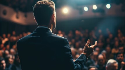 Rear view of a man speaking at a podium to an audience in dim light - obrazy, fototapety, plakaty