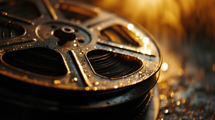 Close-up of a classic film reel with dramatic lighting