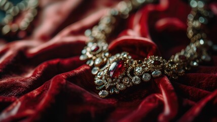 Obraz premium Macro of ornate vintage jewelry on a rich velvet fabric