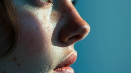 Side profile of a young woman with freckles against a blue background