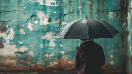 Silhouette of a person with an umbrella against a weathered wall