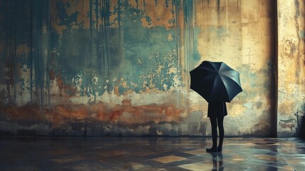 Silhouette of a person holding an umbrella against rustic wall