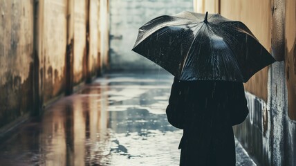 Silhouette of a person under an umbrella in rain, urban scene