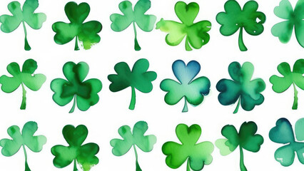 set of different green watercolor clover leaf on white background