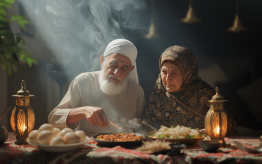 Muslim old man and muslim old woman with some dish of Ramadan and lamp - Powered by Adobe