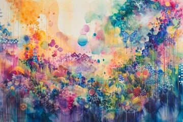 A large-scale watercolor mural portraying the principles of happiness. The mural incorporates scenes of daily life, nature, and interpersonal connections, all rendered with vibrant watercolor strokes.