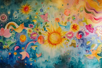 A large-scale watercolor mural portraying the principles of happiness. The mural incorporates scenes of daily life, nature, and interpersonal connections, all rendered with vibrant watercolor strokes.