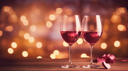 Foto op Plexiglas Two glass of wine on blur background. Valentines day glass of wine on table © yLemon