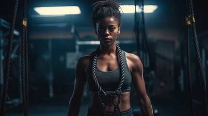 Beautiful athletic muscular strong black woman at the gym. Concept of healthy lifestyle. - obrazy, fototapety, plakaty