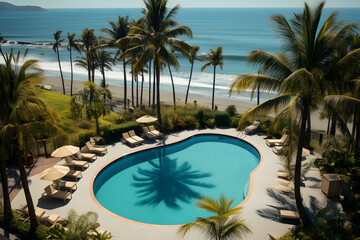 Fototapeta premium Panoramic holiday landscape. Luxurious beach resort hotel and beach chairs or loungers under umbrellas with palm trees, blue sunny sky. Summer island seaside