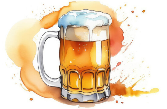 beer mug with foamy beer in watercolor style on white background
