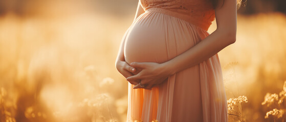 Pregnant woman hugging belly on sunny background. Pregnant woman caring about baby - obrazy, fototapety, plakaty