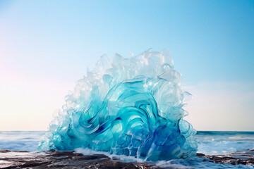 Ocean waves sculpture from plastic in Plastic World. Generative AI image