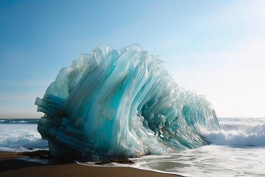 Plastic wave on shoreline depicting environmental issue. Generative AI image