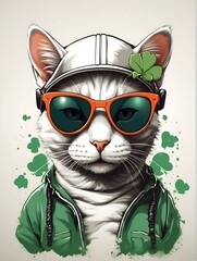 Illustration T-shirt Design - Cool Cat Charm Feline Fashion Fusion with Lucky Clover Accents