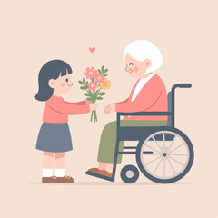 flat illustration of a small child giving flowers to a grandmother sitting in a wheelchair. simple and minimalist