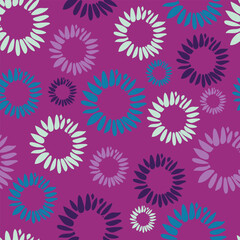 Seamless vector pattern with modern flower circle on purple background. Simple artistic floral wallpaper design. Decorative bright abstract bloom fashion textile.
