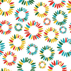 Fototapeta na wymiar Seamless vector pattern with artistic flower circle on white background. Simple colourful floral wallpaper design. Decorative summer blossom fashion textile.