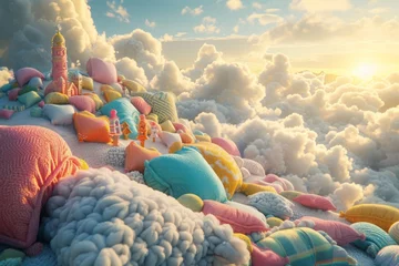 Fotobehang Breathtaking photorealistic capture of magical world where city made entirely of soft plush pillows and cushions sprawls across landscape intricate details of each pillow structure vibrant colors whim © DK_2020