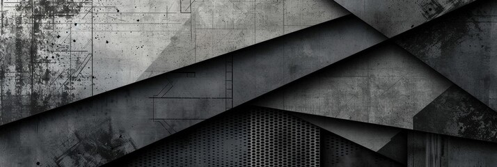 Abstract Monochrome Fusion: A web banner wallpaper background featuring a captivating blend of grey and black design, with one half showcasing intricate mesh patterns and shapes