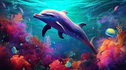 group of dolphins in colorful underwater AI genera