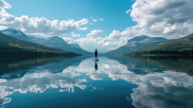 A peaceful paddleboarding session on a serene lake with clear reflections of the surrounding nature. © stocker