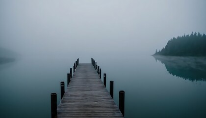 morning on the lake, The quiet pondside pier Mountains and fog covered