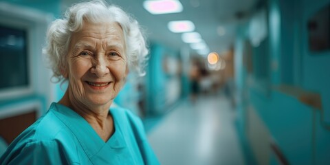 Portrait of happy elderly nurse in hospital