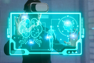 Technology VR glassed and AI technology concept People use VR glassed with AI technology analysis on visual screen Medical Healthcare Research and Development. medicine discovery and healthcare data