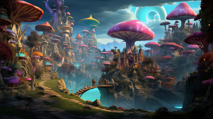 3D magical mushrooms. A whimsical illustration. 