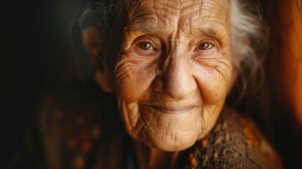 A joyous elderly individual with prominent wrinkles, radiating warmth and contentment.
