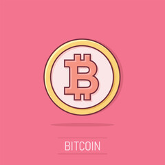 Bitcoin icon in comic style. Blockchain cartoon vector illustration on isolated background. Cryptocurrency splash effect business concept.